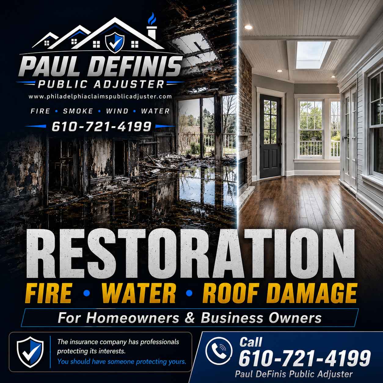 Disaster Restoration Services Public Adjuster Doylestown Langhorne Newtown Yardley Bristol Bucks County Pennsylvania. Paul Definis assists homeowners and businesses with fire, water, storm and roof restoration insurance claims. Call 610-721-4199.
