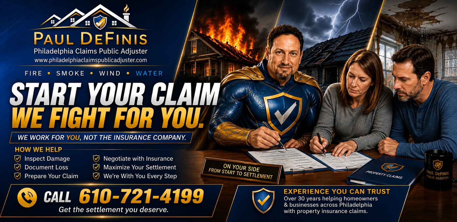 Cheltenham Restoration Property Damage Insurance Claims Public Adjuster Elkins Park Jenkintown Huntingdon Valley Rydal Meadowbrook Montgomery County Pennsylvania. Paul Definis assists homeowners and businesses with fire, water, storm, roof, theft and property insurance claims. Paul deploys restoration after your claim is approved. Call 610-721-4199.