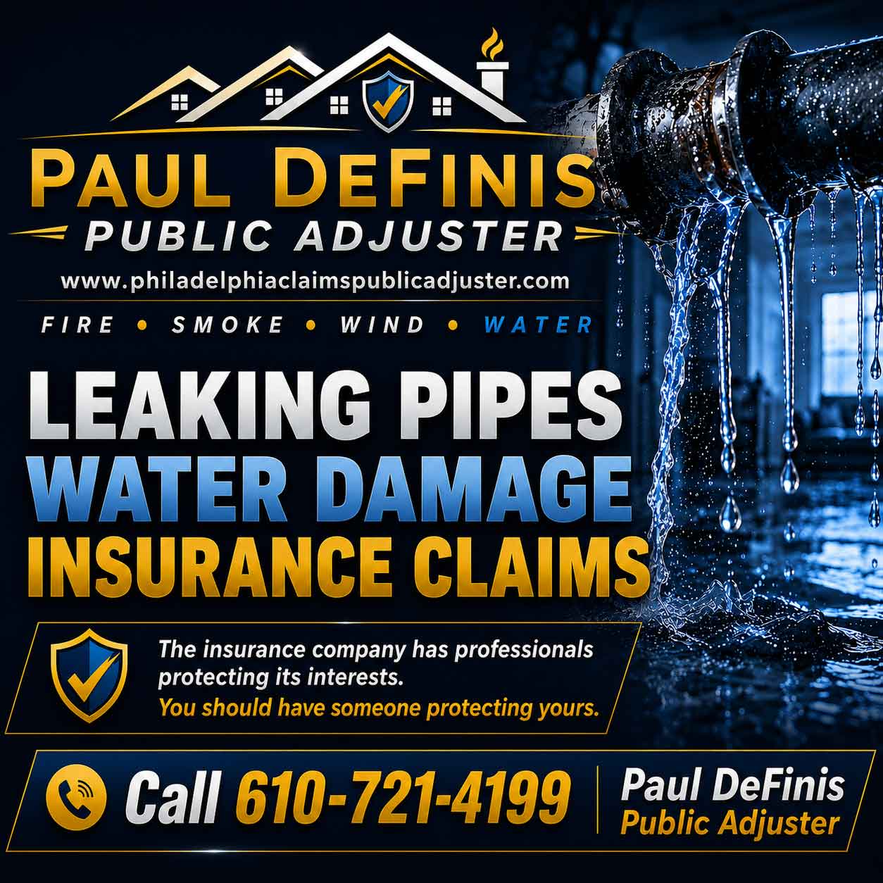 Water Damage Claims Public Adjuster Media 19065 Morton Newtown Square Norwood Delaware County Pennsylvania. Paul Definis assists homeowners and businesses with water damage, flood damage and property insurance claims. Call 610-721-4199.