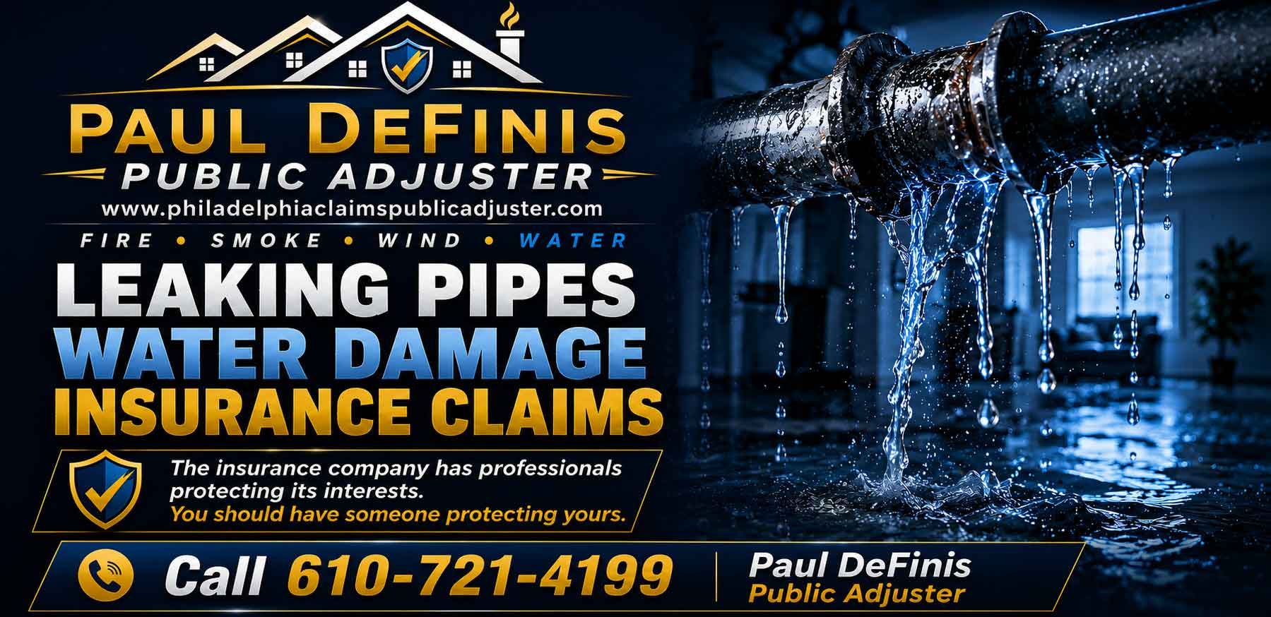 Plumbing Insurance Claims Public Adjuster Northeast Philadelphia 19061 Boothwyn Linwood Marcus Hook Trainer Delaware County Pennsylvania. Paul Definis assists homeowners and businesses with leaking pipe, burst pipe, water damage, flood damage and property insurance claims in Northeast Philadelphia and Delaware County. Call 610-721-4199.